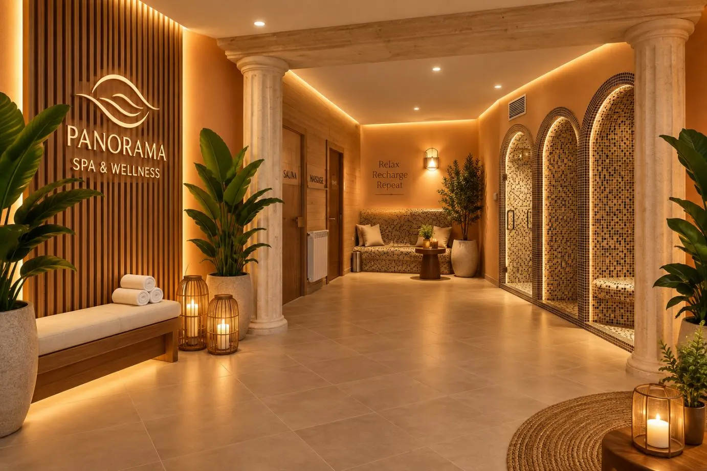 Визуализация от проекта за обновения Wellness Center — входът с надпис Panorama Spa & Wellness и коридор с арки